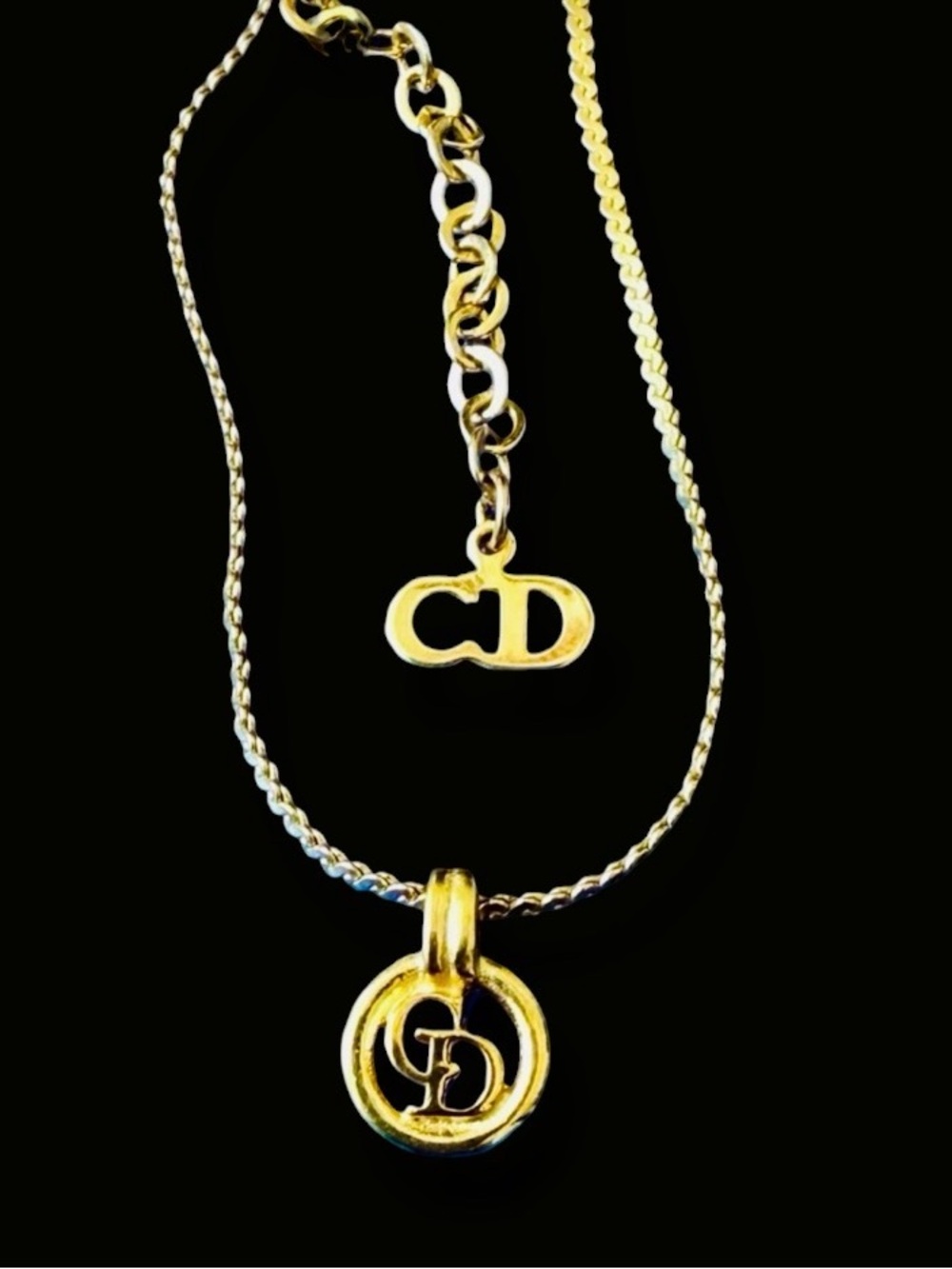 DIOR Gold Necklace Christian Dior CD Logo Round Pendant Necklace 17” Length